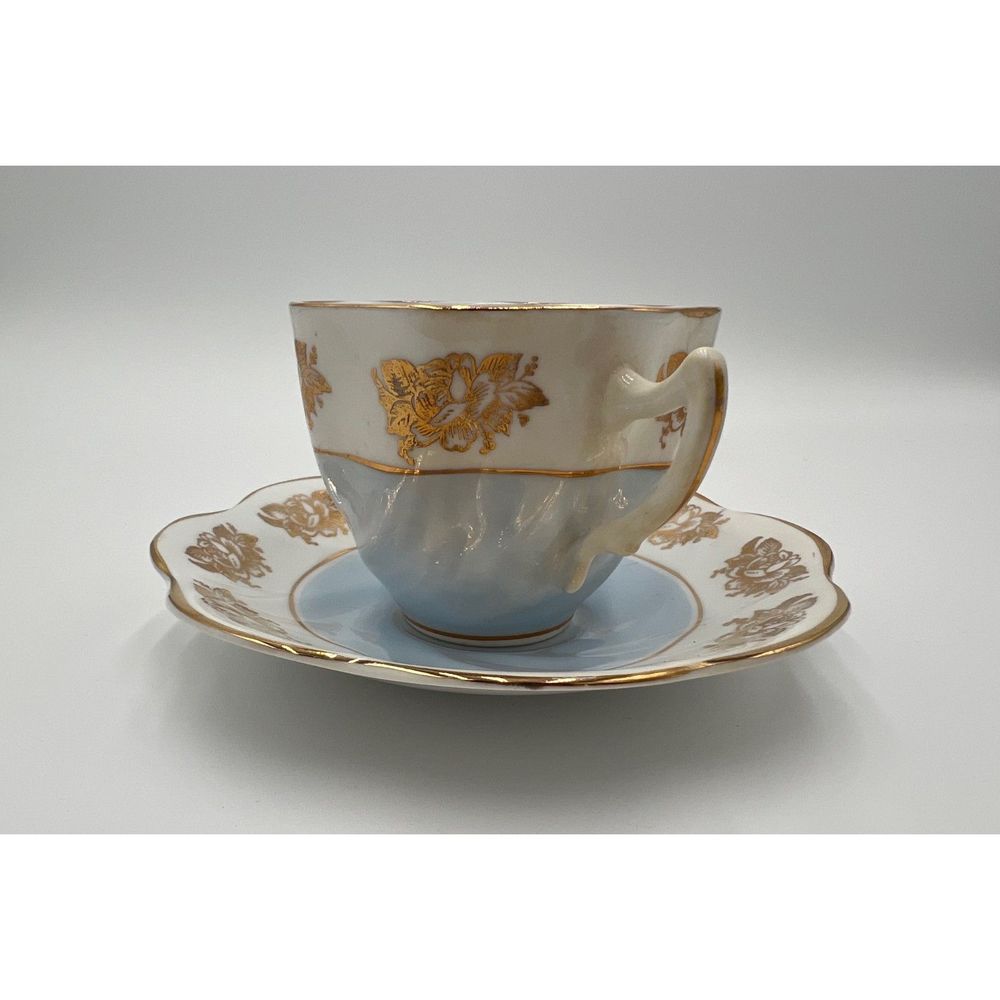 Crownford Teacup and Saucer Bone China England Light‎ Blue Gold Vintage